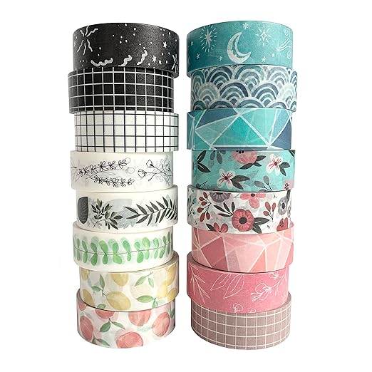 Washi Tape Set of 16 Rolls of 15 mm Wide Cute Decorative Washi Tape for Journaling, Scrapbook, Washy Crafts, Bullet Journals, Planners, DIY Décor, Craft Supplies For Adults & Kids (Serenity)