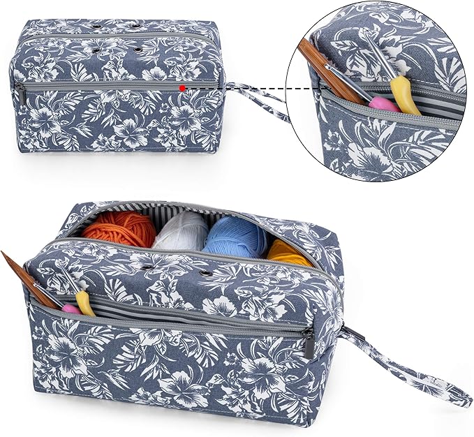 LUXJA Yarn Storage Bag, Carrying Knitting Bag for Yarn Skeins, Crochet Hooks, Knitting Needles (up to 10 Inches) and Other Small Accessories (Large, Flowers)