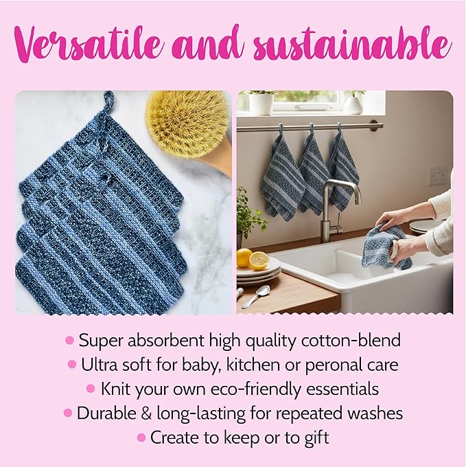 KnitPal Everyday Joy Knitting Kit – Make 4 Reusable Dishcloths for Confident Beginners – Cotton to The Core Yarn (#3 DK), Needles, Patterns & Video Tutorials (Jean Blue + Sky Blue)
