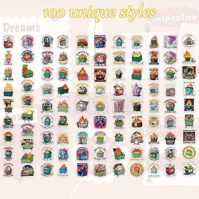 100 Pcs Dumpster Fire Stickers, Funny Dumpster Fire Gifts for Women Men Coworkers, Sarcastic Laptop Water Bottle Stickers for Adults, Humor Office Desk Journal Decor Pack