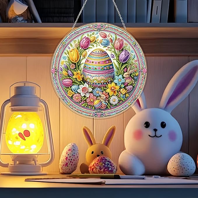 DIY Acrylic Diamond Art Painting Wreath Kits Special Shaped Rhinestone 5D Diamond Art Window Pendants Home Garden Wall Hanging Kits Hanging Ornament (Easter Egg)