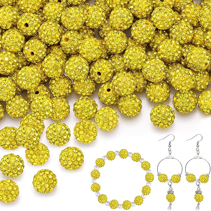 100 pcs 10mm Rhinestone Beads for Jewelry Making, Yellow Shiny Round Shamballa Disco Beads Bulk, Sparkle Crystal Clay Christmas for Bracelet Baseball Necklace Earring Crafting and DIY