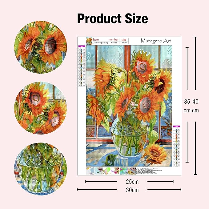 Muzagroo Art Flowers Diamond Paintings Kits for Adults Sunflower Diamond Art Kits for Beginners Hand Crafts Full Drill 5D Diamond Dots Kits DIY Gem Art 12X16 inches 4PCS (Sunflowers)