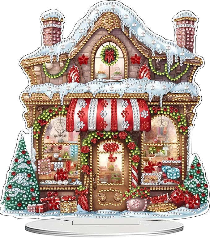 JJFox DIY 5D Tabletop Diamond Art Painting Kit， Desktop Ornament Special Shaped Rhinestone Desk Placement Ornament，Home Stand Up Gem Painting Craft Kit，Gift (Christmas House)