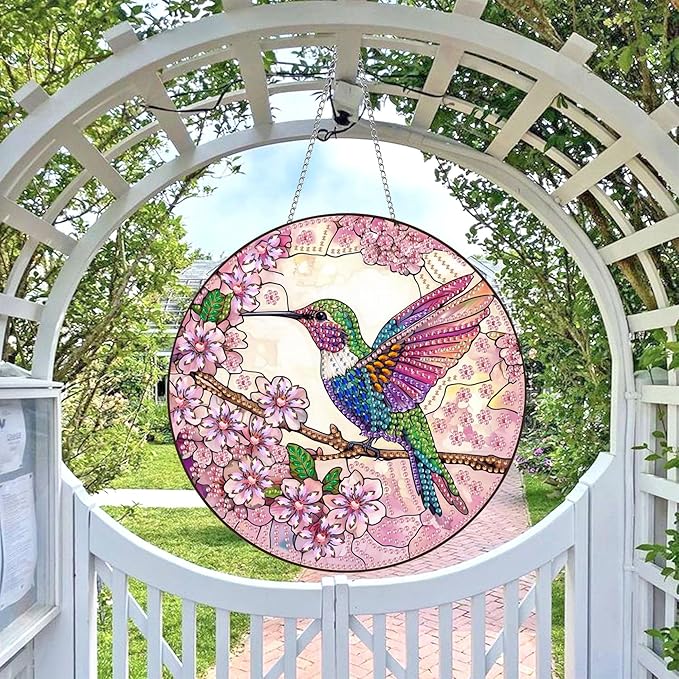 Wergund Hummingbird Diamond Art Hanging Kits, Hanging Diamond Art Animal, Acrylic Special Shaped Rhinestone, Window Hanging Pendants for Home Wall Garden Front Door Outdoor Decor Gift(Hummingbird)