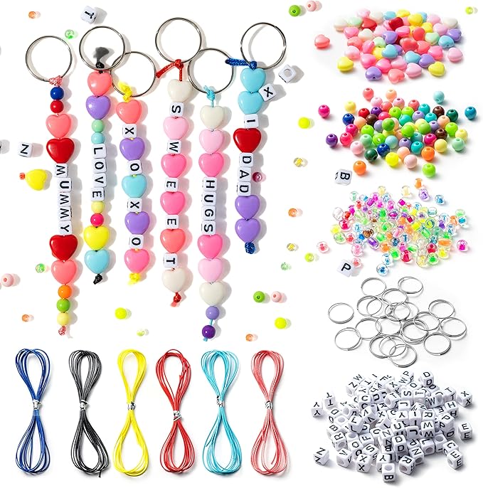 WATINC 286Pcs DIY Keychain Making Crafts Kits Adjustable Letter Heart 6mm Pony Transparent Beads Key Ring Bag Charm Bracelet Supplies Jewelry Accessories Holiday Party Favor for Women Men (Black)