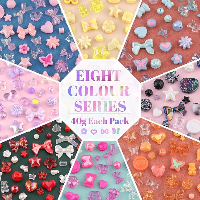 500-550PCS TINKRSTUFF Assorted Acrylic Beads, 8 Colors Mixed Cute Beads for Bracelet Making, Star GummyBear Bow Flower Kawaii Beads, Aesthetic Bead for Necklace Keychain Jewelry Making DIY Phone Charm