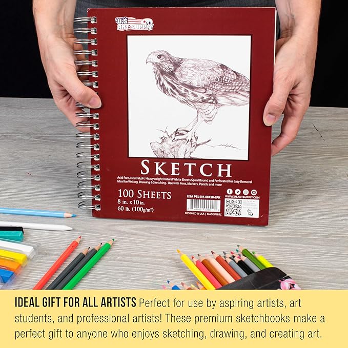 u.s. art supply 8"x10" sketch book pad, 2 pack (100 sheets each), 60lb (100gsm) spiral bound - sketching, drawing pad, acid-free paper - sketch pads for adults, students: colored pencils, charcoal