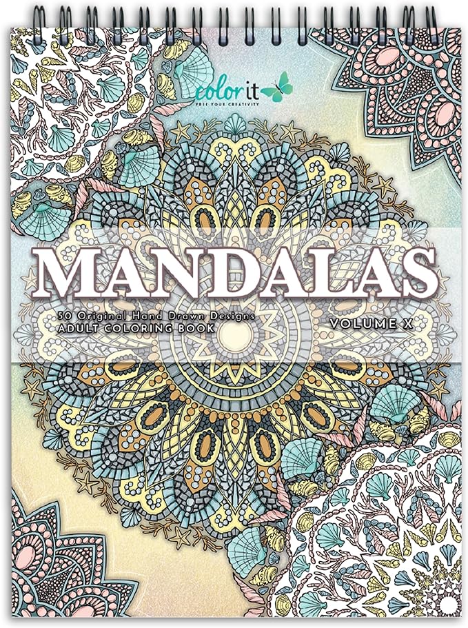ColorIt Mandalas Volume X Spiral Bound Adult Coloring Book with 50 Mandala Patterns for Relaxation and Stress Relief - Includes Perforated Pages, Thick Paper, Hardback Covers, and Blotter Page