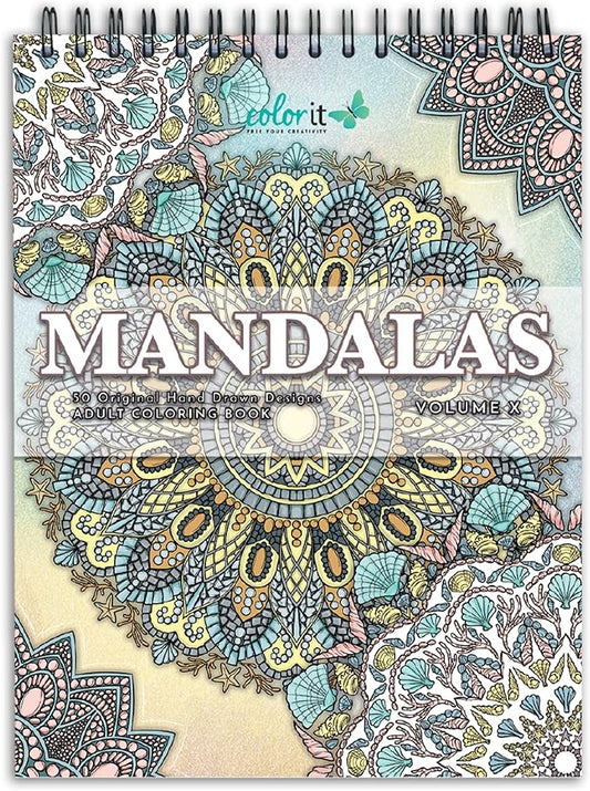 ColorIt Mandalas Volume X Spiral Bound Adult Coloring Book with 50 Mandala Patterns for Relaxation and Stress Relief - Includes Perforated Pages, Thick Paper, Hardback Covers, and Blotter Page