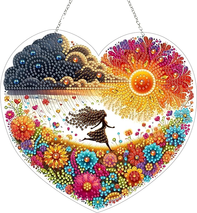 5D Diamond Art Hanging Kit for Adult,Special Shaped Rhinestone,Double Sided DIY Acrylic Diamond Art Painting Window Pendants Home Garden Wall Hanging Kits Hanging Ornament (Run to The Sun)