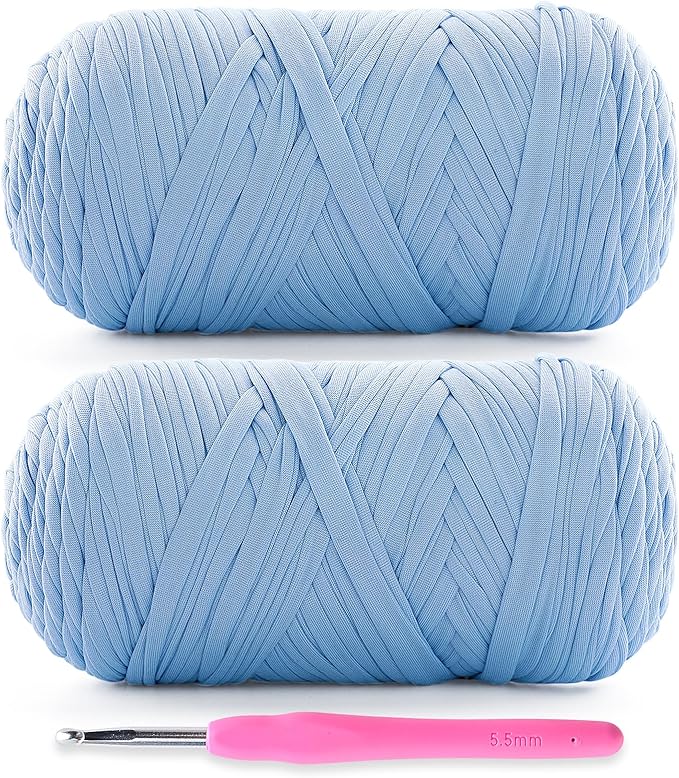2 Pack Soft T-Shirt Yarn for Crochet, T Shirt Yarns for Crocheting Crafts, Bags, Basket, Coaster, Tshirt Yarns - 800 G/260 Yds with 1 Crochet Hook (2, Light Lake Blue)