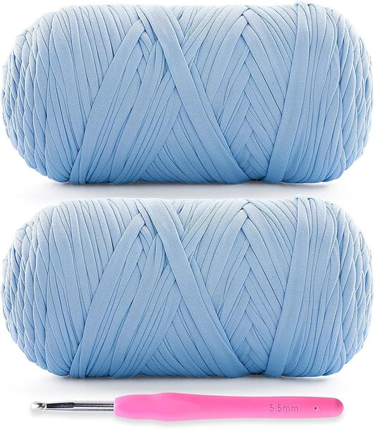 2 Pack Soft T-Shirt Yarn for Crochet, T Shirt Yarns for Crocheting Crafts, Bags, Basket, Coaster, Tshirt Yarns - 800 G/260 Yds with 1 Crochet Hook (2, Light Lake Blue)
