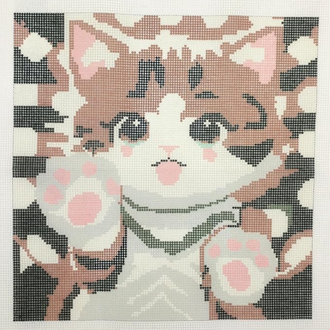 Howie's Needlepoint Needlepoint Kits for Adults Beginners, Furbish Cat Needlepoint Pillow Front Kit with Stamped Pattern on Canvas, Yarn, 2 Needles and Instruction, 16 x 16inch(Cute Cat)