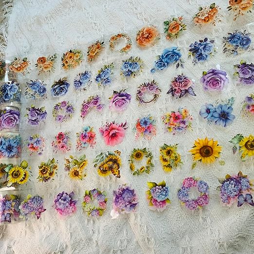 Koolemon 6Rolls Pre-Cut Floral Tape, Decorative Tape PET Flower Stickers for Crafts Journaling Scrapbook Supplies
