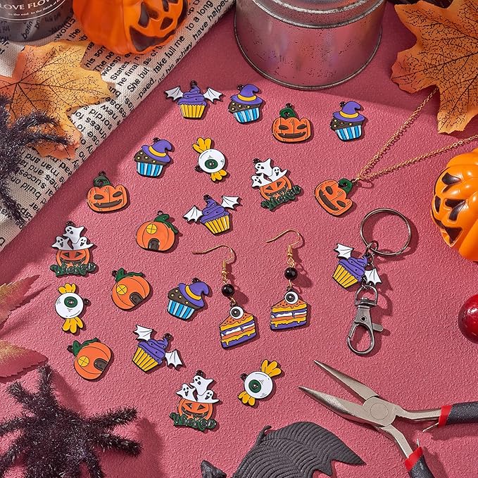 WEWAYSMILE 28Pcs Halloween Charm Pumpkin Charm Pendant Magic Hat Cake Spooky Pumpkin Halloween Jewelry Making Kit for Jewelry Making DIY Necklace Bracelet Earring Accessories