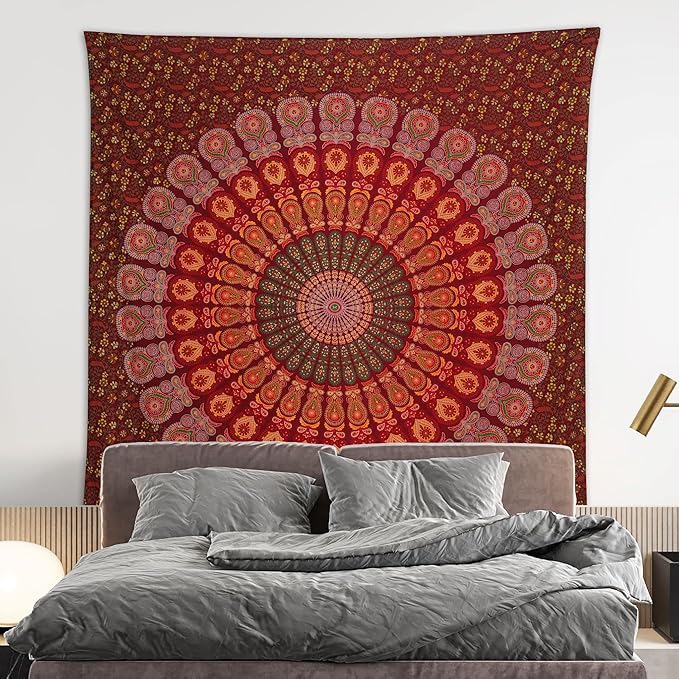 bless international handmade indian hippie bohemian psychedelic peacock mandala wall hanging college dorm beach throws table cloth bedding tapestry (maroon yellow, king(88x104inches)(225x265cms))