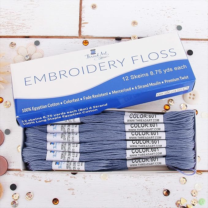 12 Skeins ThreadArt Premium Egyptian Long Fiber Cotton Embroidery Floss | Dusty Blue | 6 Strand Divisible Thread 8.75yds Each for Hand Embroidery, Friendship Bracelets, Cross Stitch and Crafts
