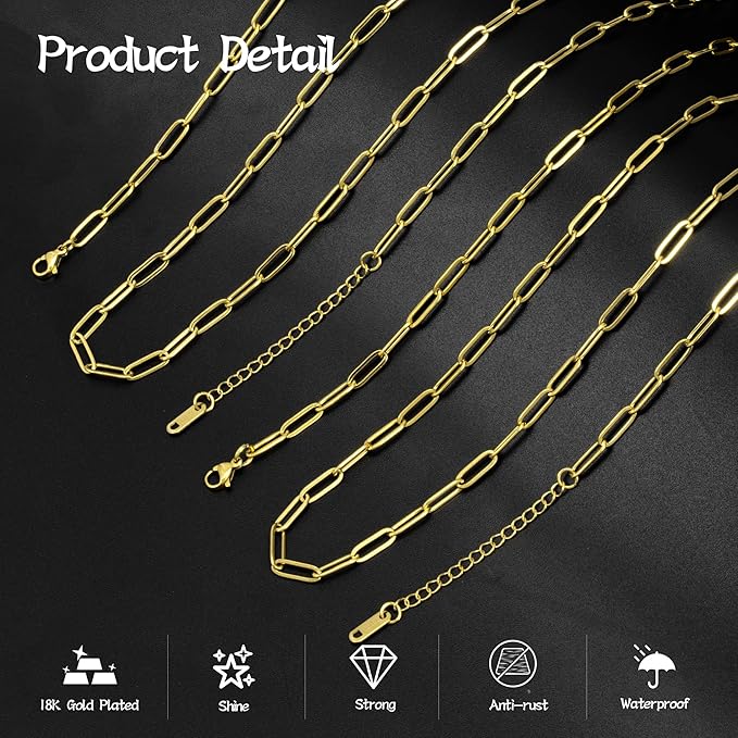 20 Pack 18Inch 18K Gold Plated Paperclip Charm Necklace Chains for Jewelry Making Adjustable 4mmx12mm Stainless Steel Necklace Chain with 2 Inch Extension Chain for Women