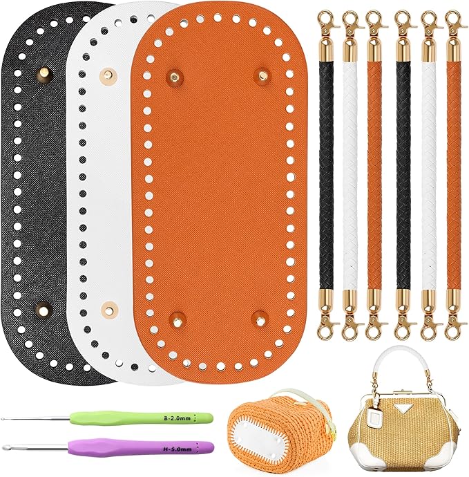 Coitak 3+6 PCS Bag Bases for Crochet with Braided Purse Handles for Bag Making, 2 PCS Crochet Hooks, 3 Colors Leather Purse Bottoms for Crocheting, 12 Inch Handbag Handles (White, Black, Brown)