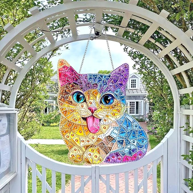 Wergund 5D DIY Cat Diamond Art Hanging Kits, Hanging Diamond Art Animal, Acrylic Special Shaped Rhinestone, Window Hanging Pendants for Home Wall Garden Front Door Outdoor Decor Gift(Cat)