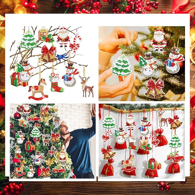 Ferraycle 12 Pcs Diamond Art Christmas Ornaments Christmas Diamond Painting Ornaments 5d DIY Painting Keychain Kits Xmas Hanging Paint Kits for Adults Crafts Family Decor