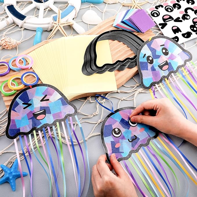 Yaomiao 30 Set Jellyfish Suncatchers Paper Crafts Summer Kit DIY Jellyfish Shaped Stained Glass Effect Tissue Paper Hanging Suncatchers for Ocean Mermaid Under The Sea Birthday Party Favor