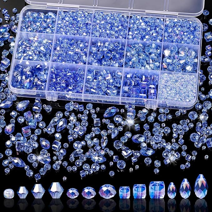 Song Xi 1500PCS Glass Beads for Jewelry Making, Assorted Faceted Crystal Beads Kit for Bracelet Earring Necklace, for DIY Clear and Iridescent Christmas Gift (AB Lake Blue) ﻿ ﻿