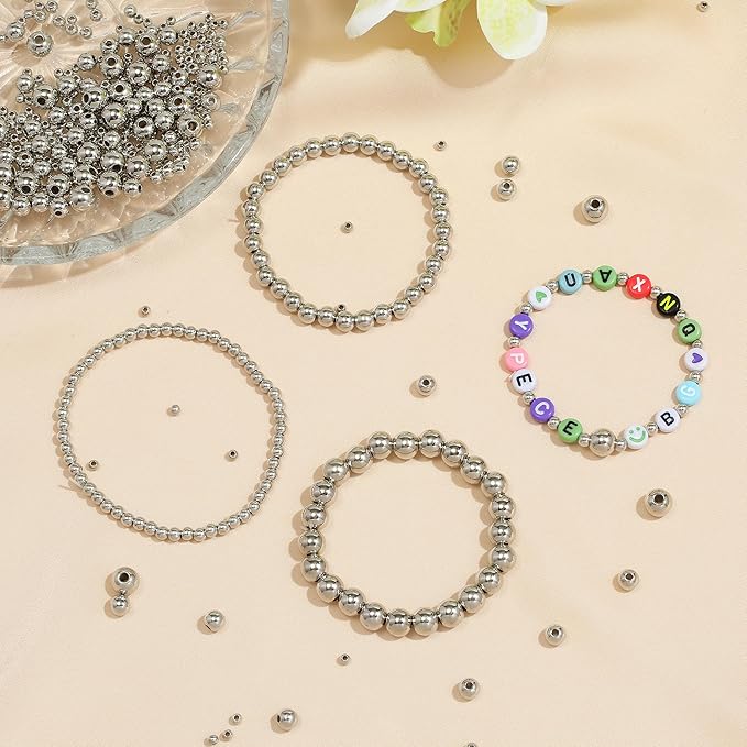 Silver Beads 1100 Pcs Smooth Round 3/4/6/8mm Silver Filled Beads for Bracelet Jewelry Making