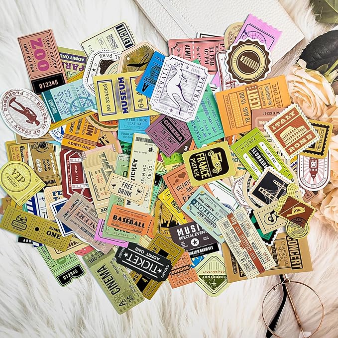 Prstincol 300 Pcs Vintage Travel Stickers Ticket Stickers for Journaling,Luggage Sticker Stub Vintage Sticker for Junk Journal Crafts Laptop Water Bottle Album Scrapbook