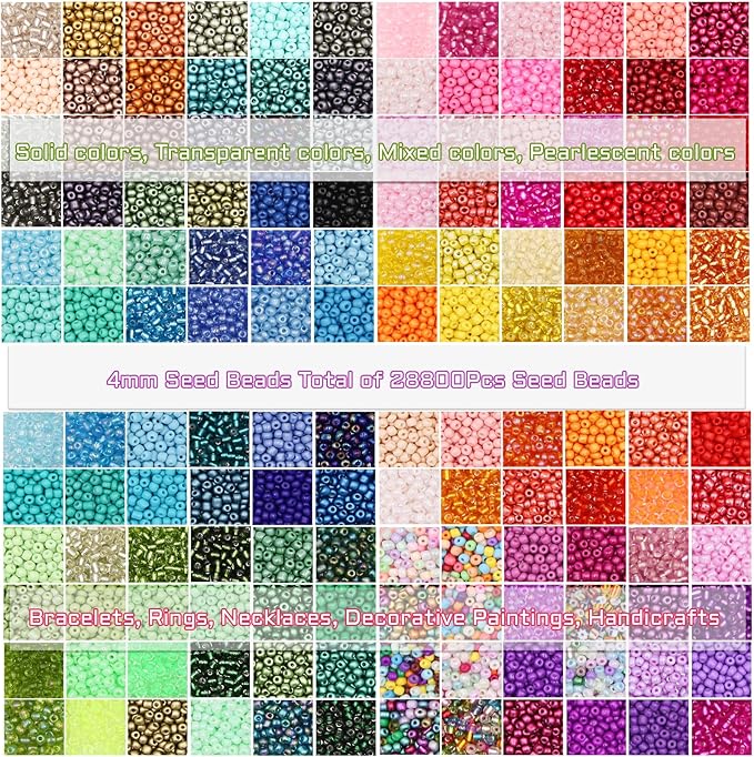 EuTengHao 28800pcs 4mm Multicolor Glass Seed Beads 6/0 for DIY Bracelet Necklaces Crafting Jewelry Making Supplies with Beading Needles Elastic Strings Tweezers (144 Colors, 200Pcs Per Color)