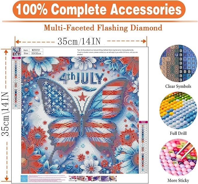 igoodom July 4th Diamond Art Kits for Adults, Independence Day Diamond Painting Kit, Full Drill Round Butterfly Diamond Art Kits, DIY Gem Art and Crafts for Home Wall Decor Gift 14x14inch