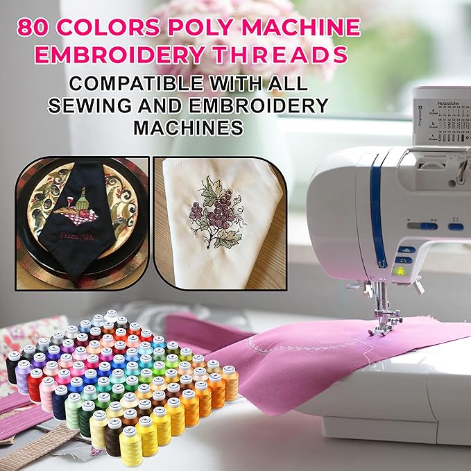 80 Spools Embroidery Sewing Machine Polyester Thread 120D/2 40weight Each Spool 500M(550) Compatible with Janome, Brother Babylock Singer Pfaff Husqvarna Bernina Machine