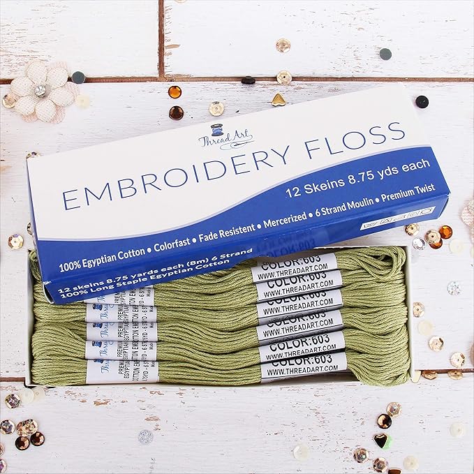 12 Skeins ThreadArt Premium Egyptian Long Fiber Cotton Embroidery Floss | Moss Green | 6 Strand Divisible Thread 8.75yds Each for Hand Embroidery, Friendship Bracelets, Cross Stitch and Crafts