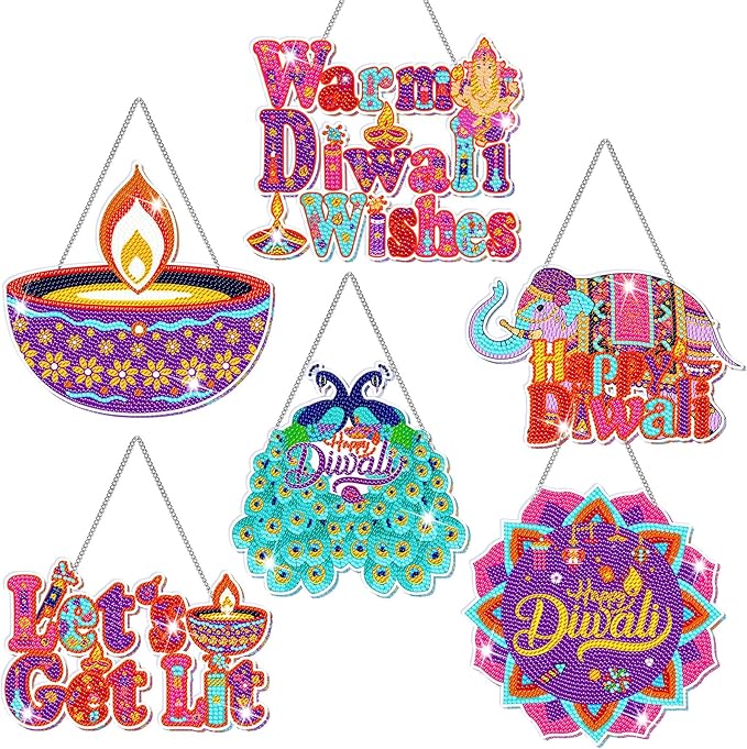 Zonon 6 Pcs Diwali Decoration Diamond Art Painting Hanging Sign Set Indian Diamond Art Adults 5d DIY Craft Acrylic Pendant Ornaments Kits Pooja Decor for Diwali Home Wall Door Window Decor