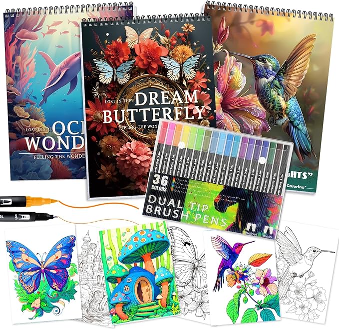 3Pcs Adult Coloring Book for Women Relaxation, 36 Colors Markers with Spiral Bound Adult Coloring Book for Women, 36 Dual Tip Colors Markers, Anxiety Relief Mindfulness Gifts(Ocean & Bird & Butterfly)