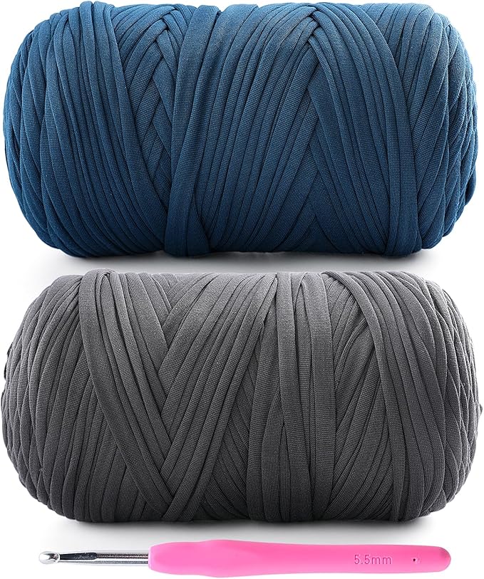 2 Pack Tshirt Yarn for Crochet - 800 G/260 Yds T Shirt Soft Elastic Fabric T-Shirt Yarn for Crocheting Bags Baskets Home Decor with 1 Crochet Hook (2, Dark Grey+Denim Blue)