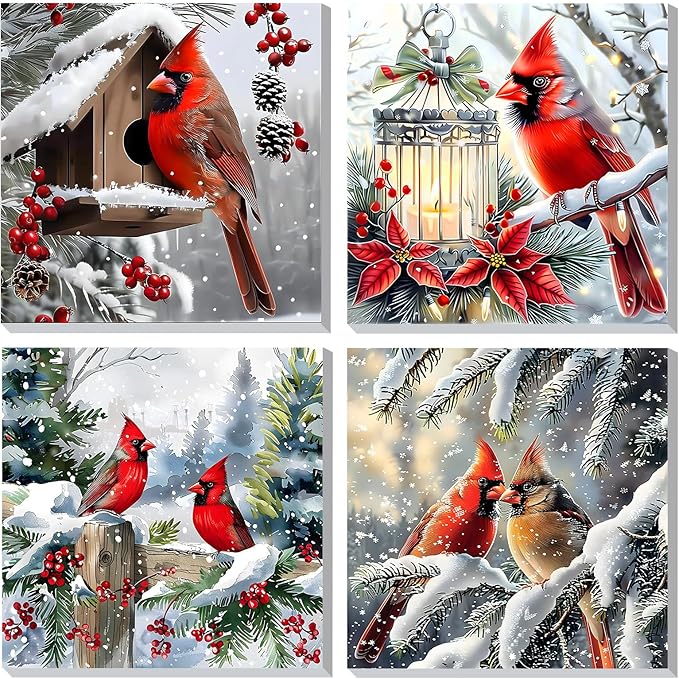 DOMROM 4 Pack Framed Paint by Numbers Cardinal for Kids Beginners, Adult Paint by Number Kits Bird on Canvas, Acrylic Number Painting Christmas Craft Kits for Gift Home Decor 8x8in