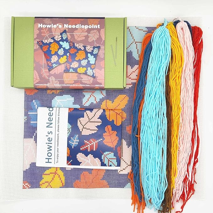 Howie's Needlepoint Needlepoint Kits for Adults, Pillow Front Cross Stitch Kit with Embroidery Pattern on Canvas, Yarn, 2 Needles and Instruction, 16 x 16inch(Colourful Leaves)