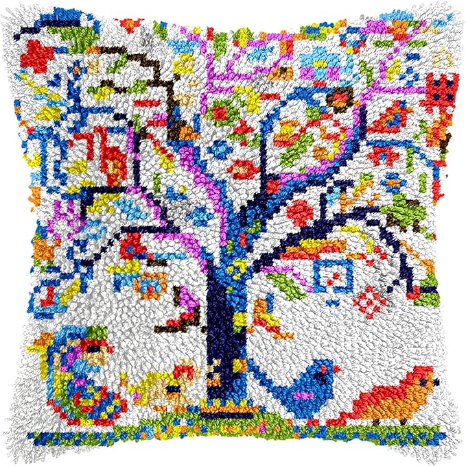 Manzapu Latch Hook Pillow Kits for Adults Beginner 17x17 inch - 43x43 cm Cute Small Shaggy Pillow Making Kits with Pre-Cut Yarn, Coded Canvas ＆ Crochet Hook Tool - Relaxing DIY Craft Gift