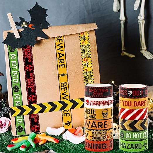 12 Rolls Halloween Washi Tapes, 15 mm Wide Halloween Zombie Caution Creepy Scary Hazard Warning Paper Tape, Horror Decorative Tapes for Scrapbooks, Journals, Haunted House Party Supplies