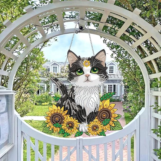 Wergund 5D DIY Cat Diamond Art Hanging Kits, Hanging Diamond Art Sunflower, Acrylic Special Shaped Rhinestone, Window Hanging Pendants for Home Wall Garden Front Door Outdoor Decor Gift(Cat)