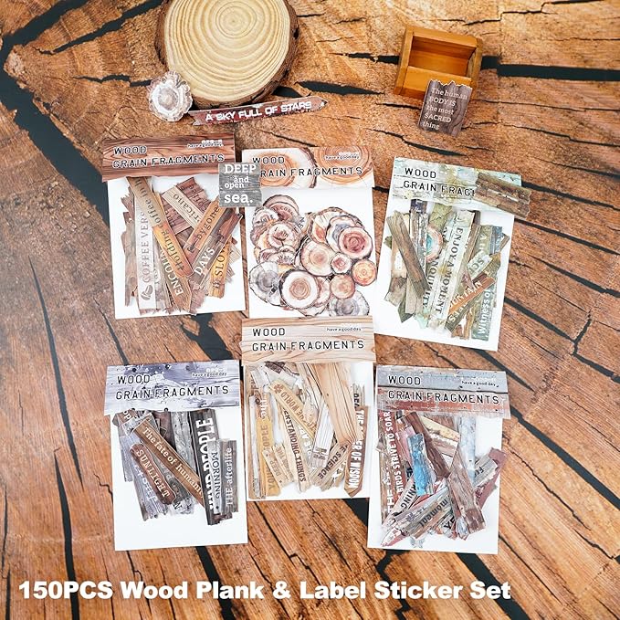 Wood Grain Embossed Sticker Card Set – 150pcs Vintage English Lettering with Warm Nature Theme for Scrapbook Journal Planner Tags DIY Craft Decoration