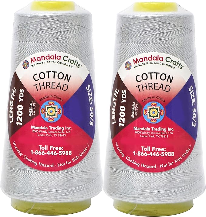 Mandala Crafts Silver Thread Cones for Machine and Hand Quilting - 2400 Yds 50 WT Multiple Purpose Mercerized 100% Cotton Threads for Sewing Machine Serger Embroidery