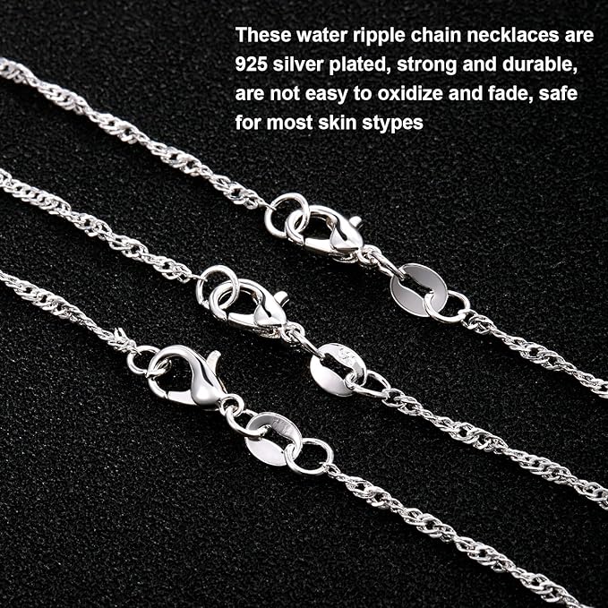 TecUnite 24 Pack Silver Plated Water Ripple Chain Necklace with Lobster Clasps and Velvet Storage Bag for DIY Jewelry Making, 1.5 mm (18 Inch)