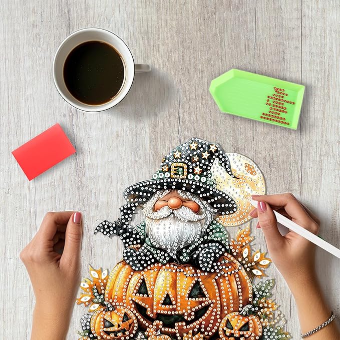 SENQAO Halloween Diamond Art Hanging Kits for Adults Beginners, DIY Acrylic 5D Special Shaped Crystal Diamond Gem Art Painting Hanging Ornament for Home Wall Decor and Gift（Gnome Pumpkin Bat）