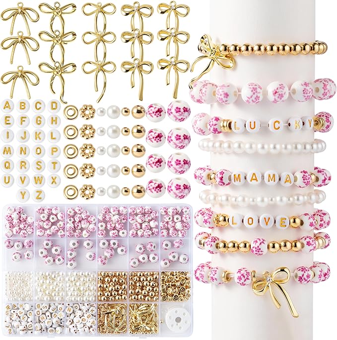 OSNIE Pink Flower Ceramic Beads - 681Pcs Vintage Pink Flower Printed Spacer Beads, Round Porcelain Pearl Gold Bead Making Kit for Women, Bow Charm DIY Jewelry Supplies Handmade Craft Gift for Necklace