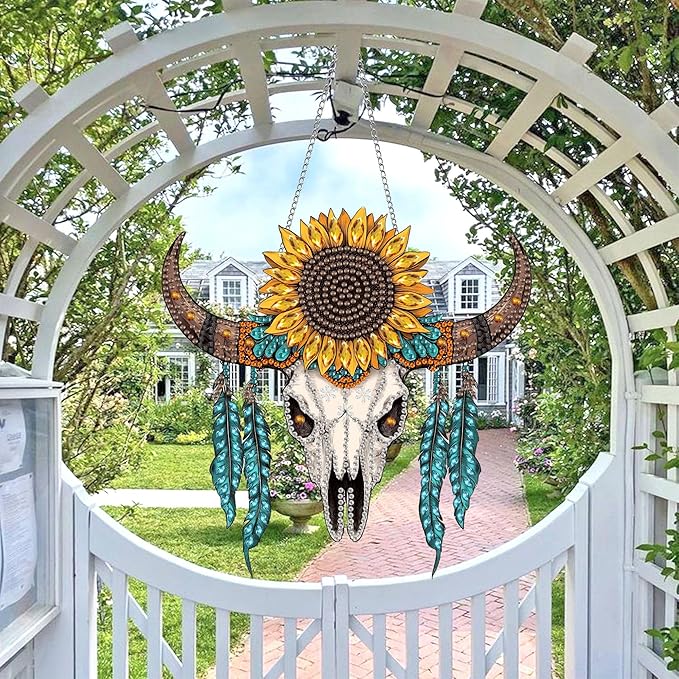 Wergund 5D DIY Sunflower Diamond Art Hanging Kits, Hanging Diamond Art Skull, Acrylic Special Shaped Rhinestone, Window Hanging Pendants for Home Wall Garden Front Door Outdoor Decor Gift(Sunflower)