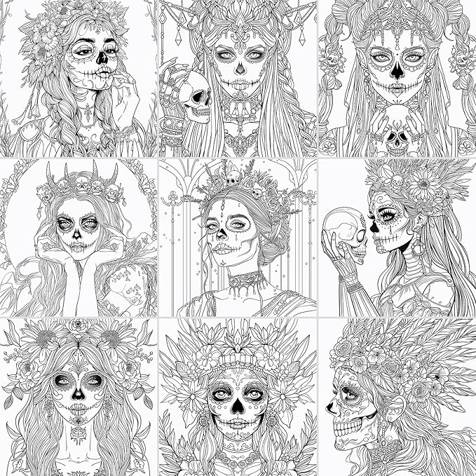 FUN LAVIE Sugar Skull Coloring Book for Adults – Elegant Floral Sugar Skull Lady Designs for Women Mindfulness, Stress Relief & Relaxation, Spiral Bound, Perfect Day of the Dead Art Gift