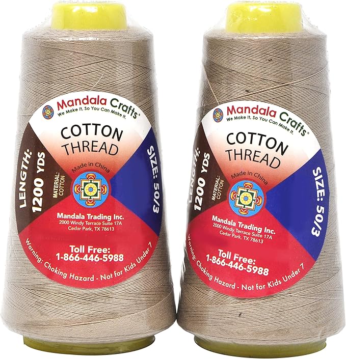 Mandala Crafts Beige Thread Cones for Machine and Hand Quilting - 2400 Yds 50 WT Multiple Purpose Mercerized 100% Cotton Threads for Sewing Machine Serger Embroidery